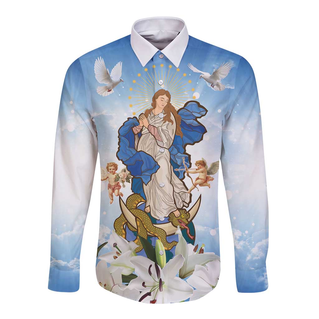 Italy Immaculate Conception Feast Day Long Sleeve Button Shirt Virgin Mary with Cross And Lily Flower LT19