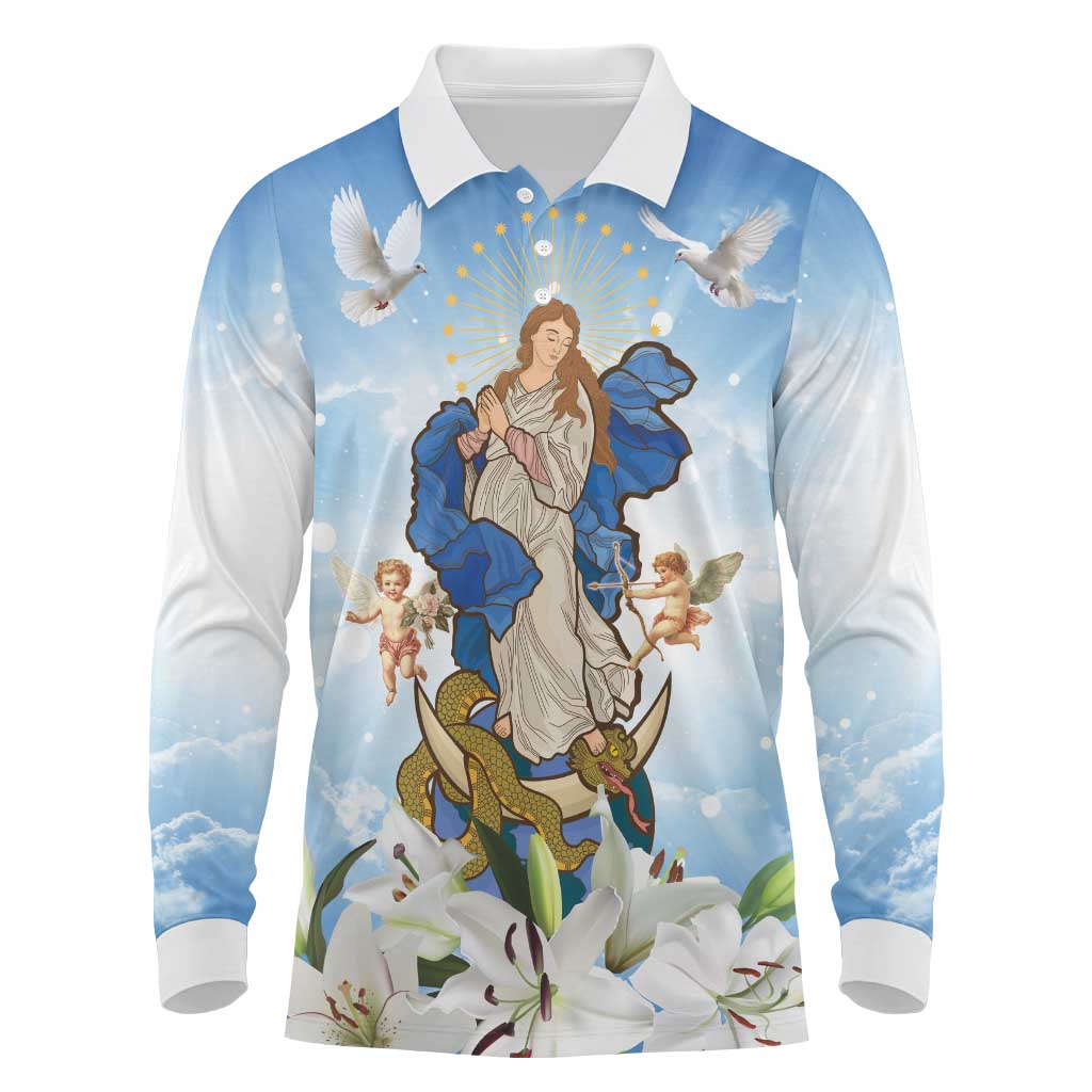 Italy Immaculate Conception Feast Day Long Sleeve Polo Shirt Virgin Mary with Cross And Lily Flower LT19