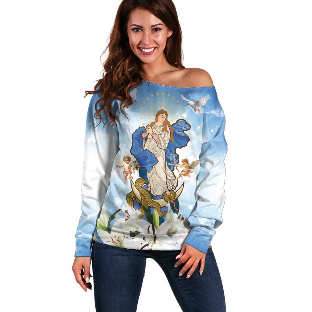 Italy Immaculate Conception Feast Day Off Shoulder Sweater Virgin Mary with Cross And Lily Flower LT19