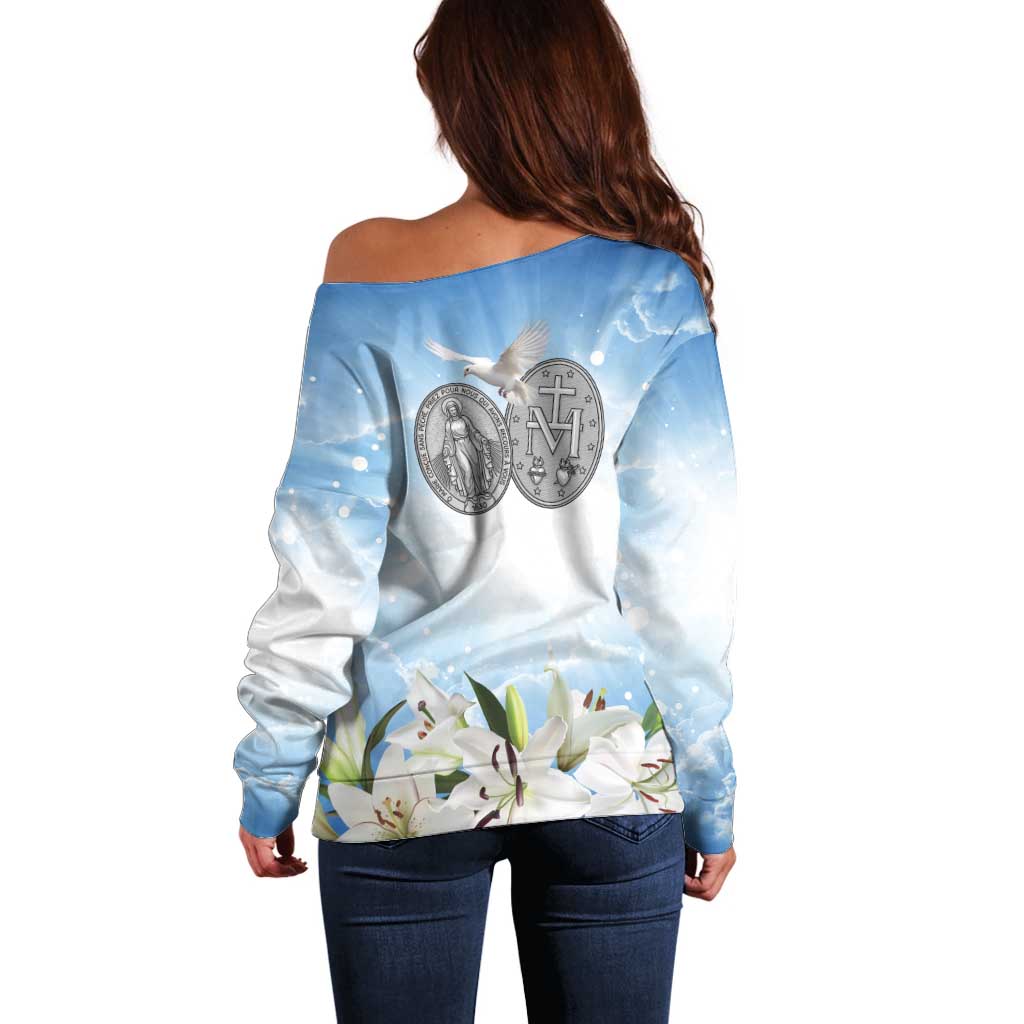 Italy Immaculate Conception Feast Day Off Shoulder Sweater Virgin Mary with Cross And Lily Flower LT19