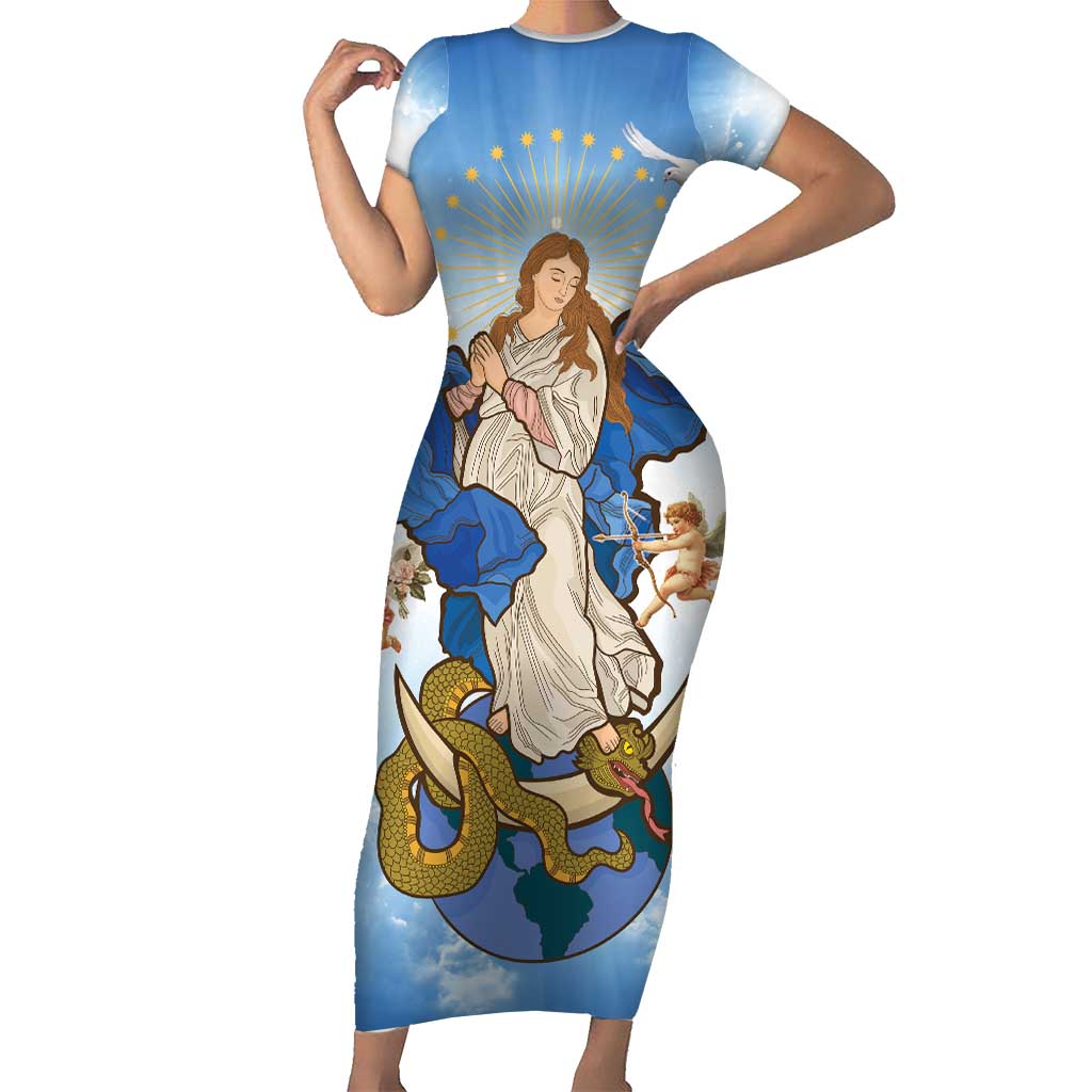 Italy Immaculate Conception Feast Day Short Sleeve Bodycon Dress Virgin Mary with Cross And Lily Flower LT19