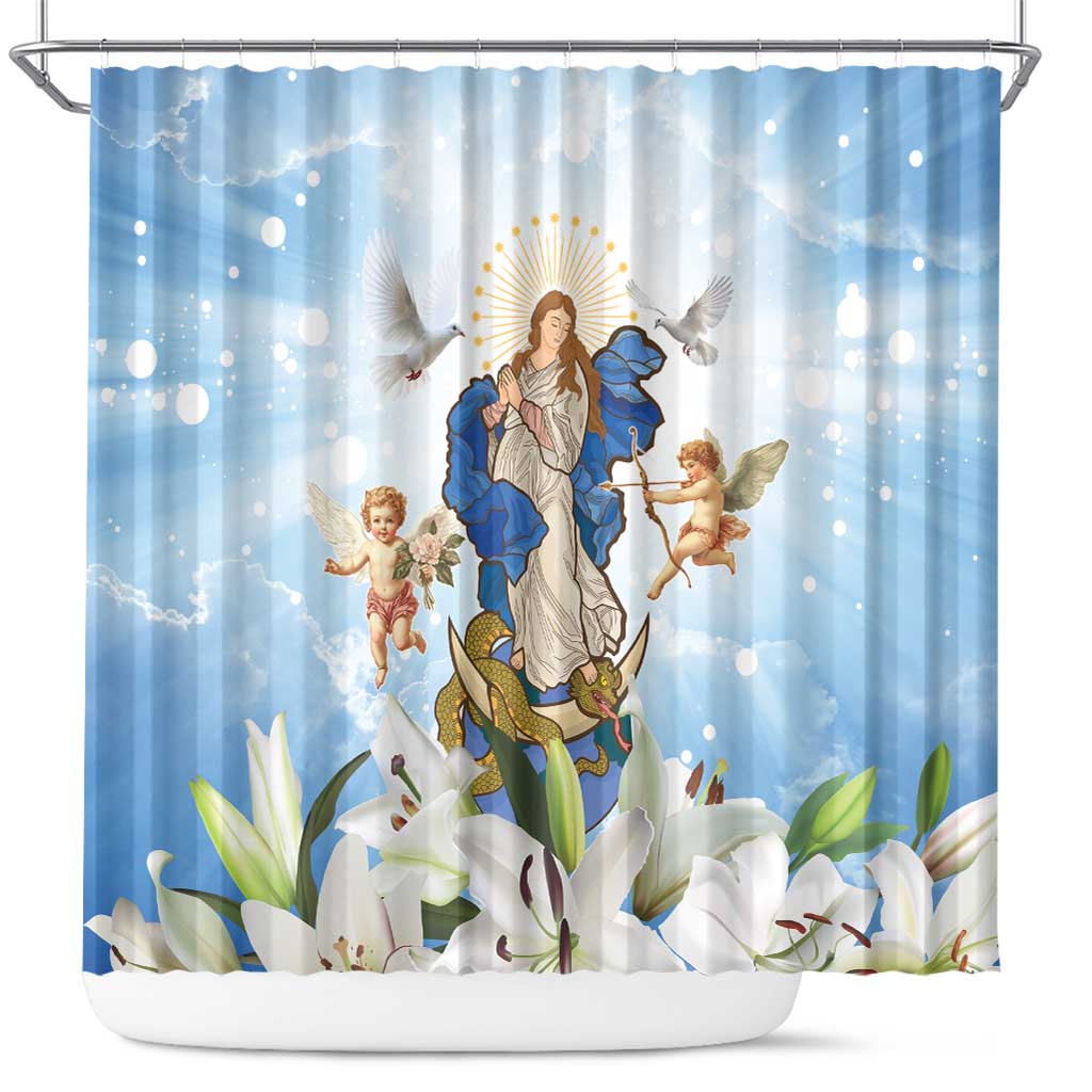 Italy Immaculate Conception Feast Day Shower Curtain Virgin Mary with Cross And Lily Flower - Wonder Print Shop
