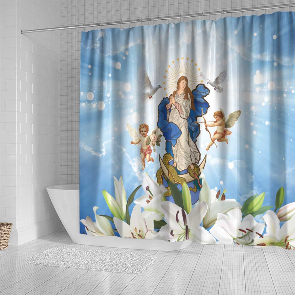 Italy Immaculate Conception Feast Day Shower Curtain Virgin Mary with Cross And Lily Flower - Wonder Print Shop