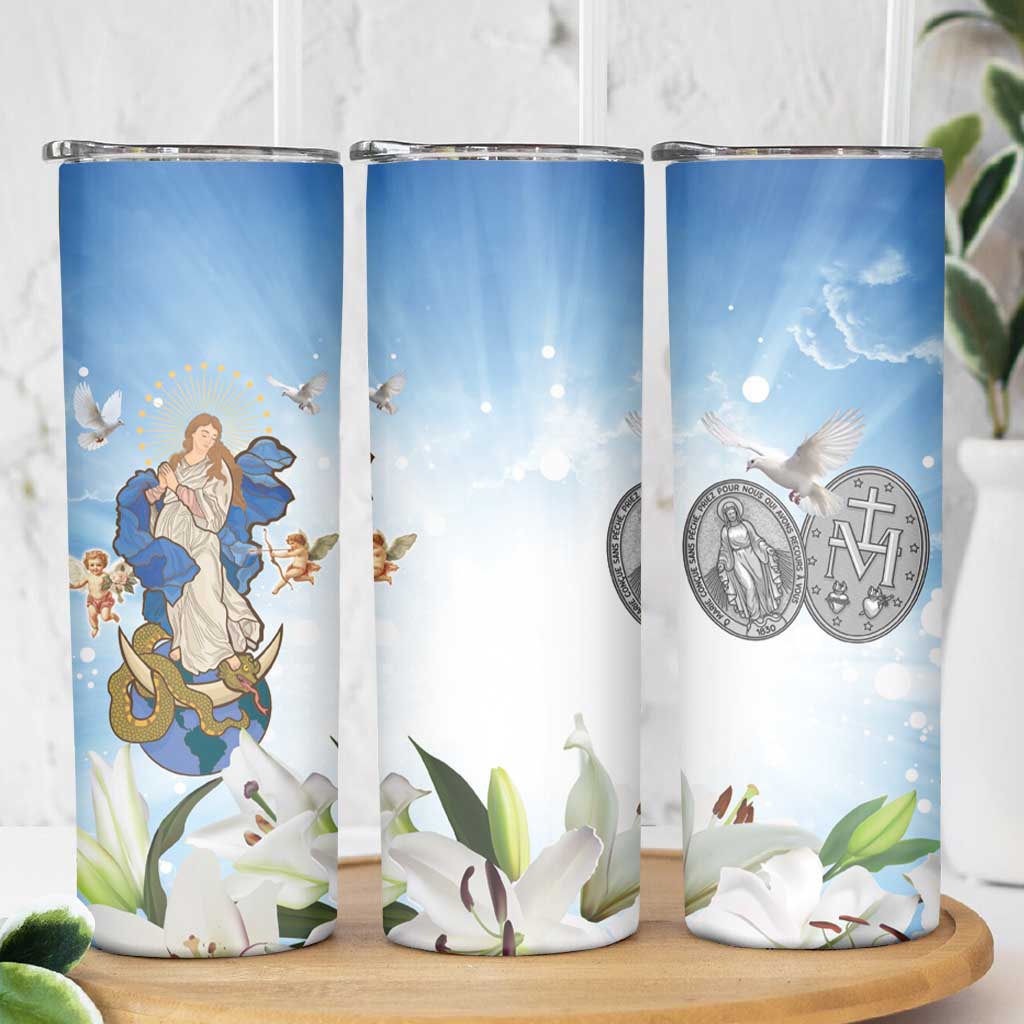 Italy Immaculate Conception Feast Day Skinny Tumbler Virgin Mary with Cross And Lily Flower - Wonder Print Shop