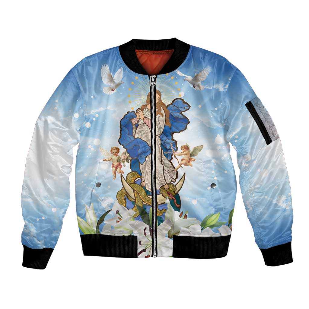 Italy Immaculate Conception Feast Day Sleeve Zip Bomber Jacket Virgin Mary with Cross And Lily Flower LT19