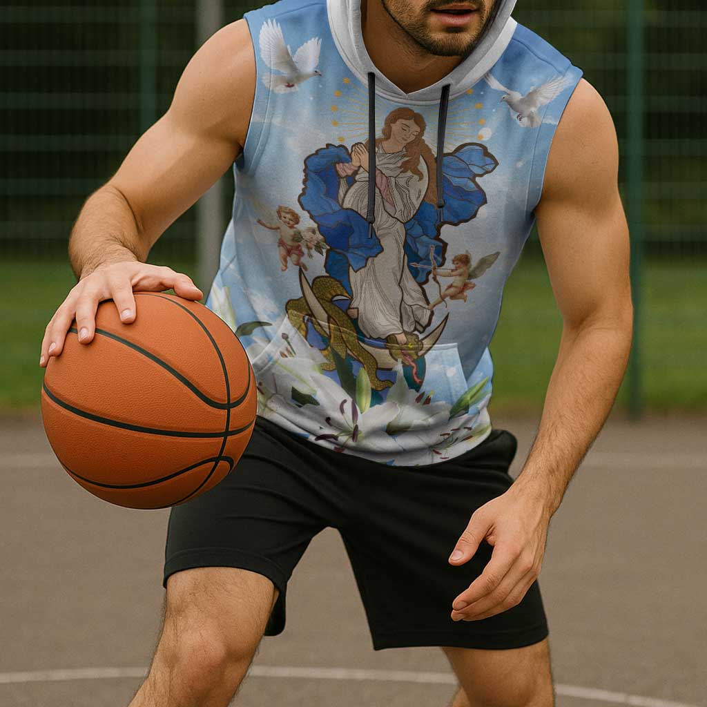 Italy Immaculate Conception Feast Day Sleeveless Hoodie Virgin Mary with Cross And Lily Flower - Wonder Print Shop