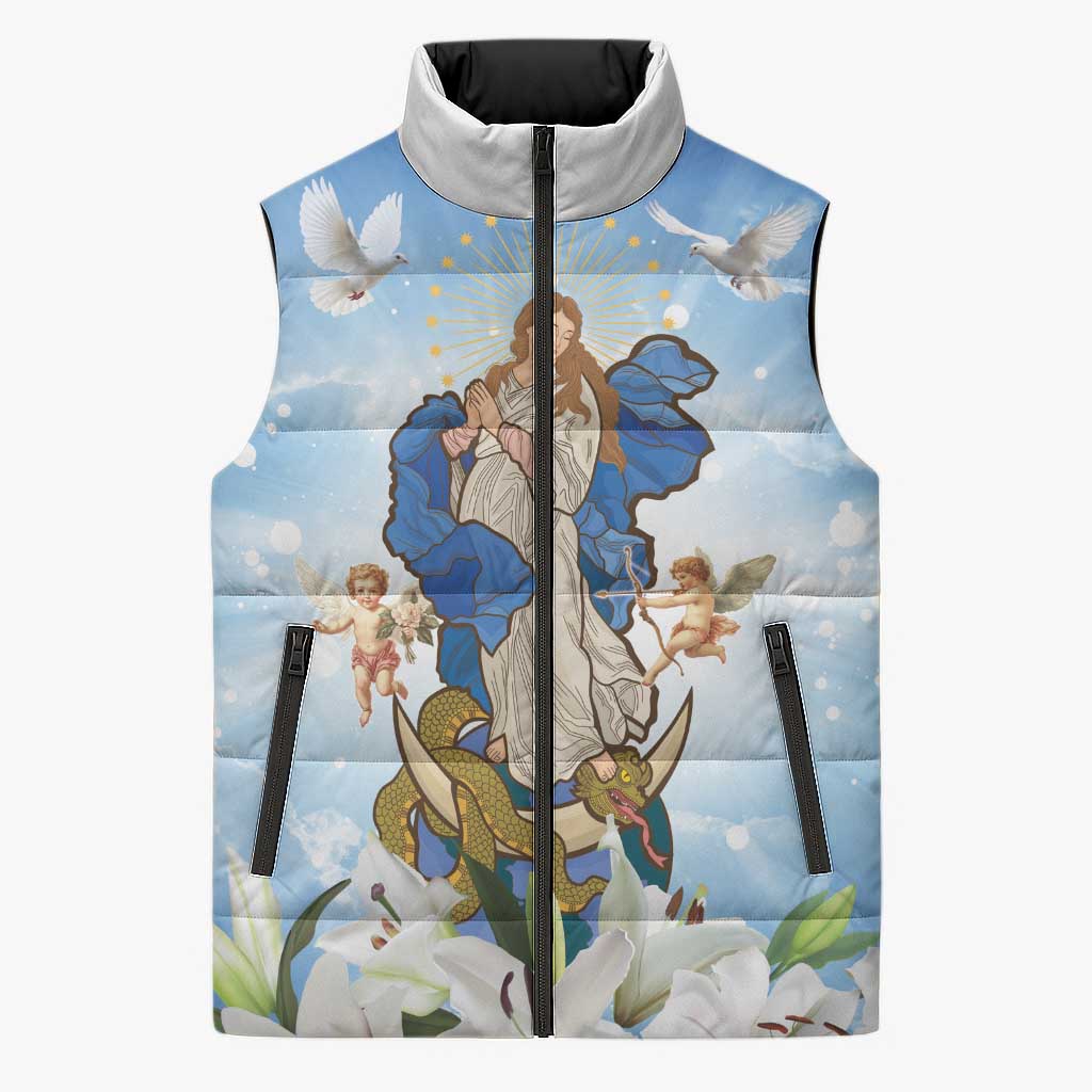 Italy Immaculate Conception Feast Day Sleeveless Puffer Jacket Virgin Mary with Cross And Lily Flower - Wonder Print Shop