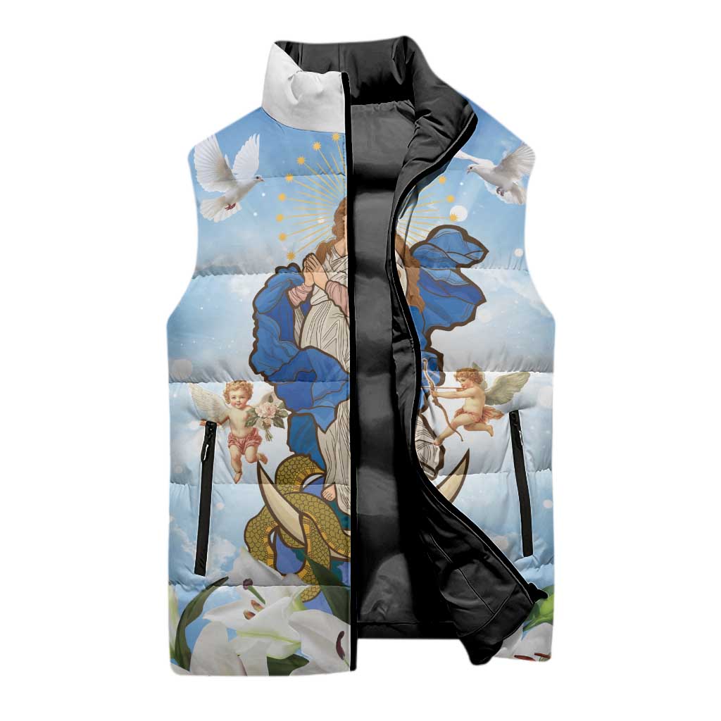 Italy Immaculate Conception Feast Day Sleeveless Puffer Jacket Virgin Mary with Cross And Lily Flower - Wonder Print Shop