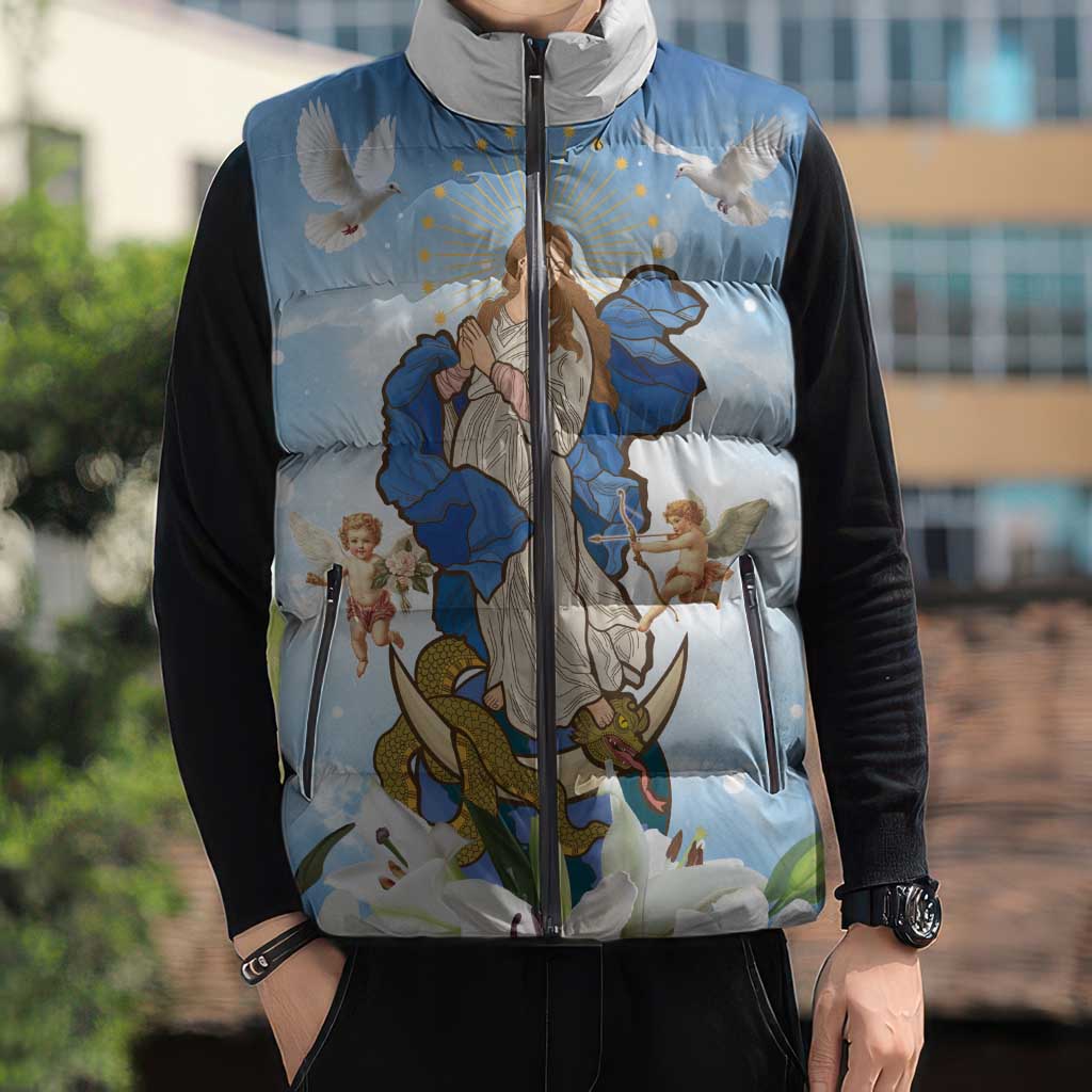 Italy Immaculate Conception Feast Day Sleeveless Puffer Jacket Virgin Mary with Cross And Lily Flower - Wonder Print Shop