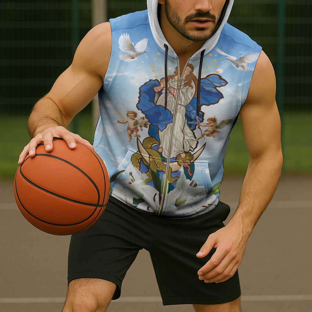 Italy Immaculate Conception Feast Day Sleeveless Zip Hoodie Virgin Mary with Cross And Lily Flower - Wonder Print Shop