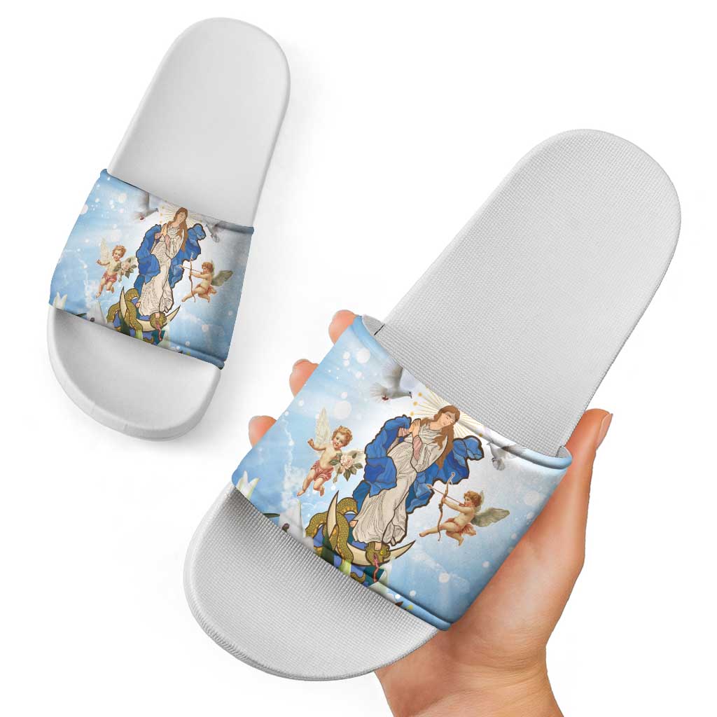Italy Immaculate Conception Feast Day Slide Sandals Virgin Mary with Cross And Lily Flower - Wonder Print Shop