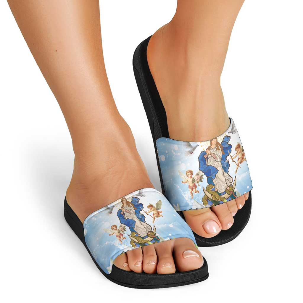 Italy Immaculate Conception Feast Day Slide Sandals Virgin Mary with Cross And Lily Flower - Wonder Print Shop