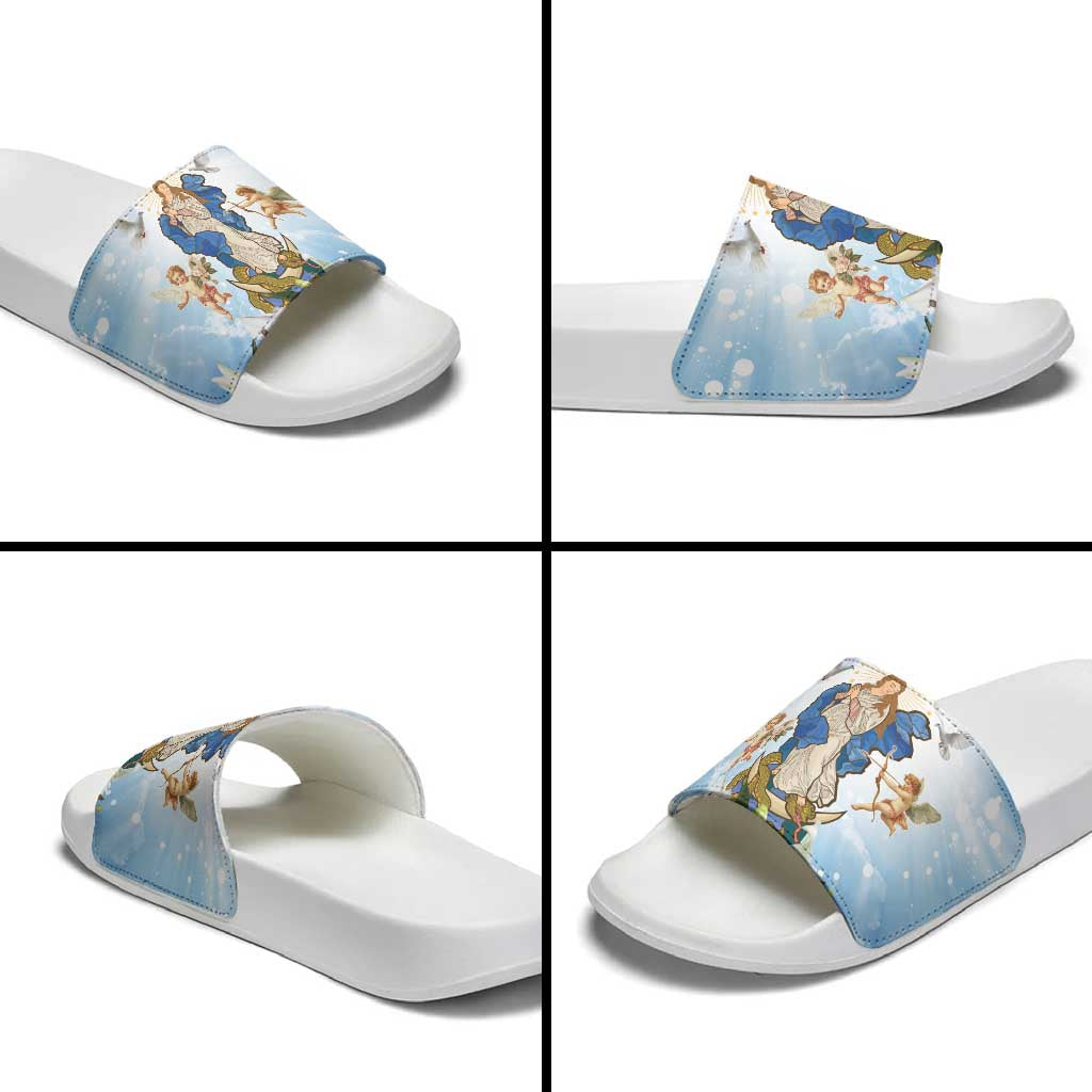 Italy Immaculate Conception Feast Day Slide Sandals Virgin Mary with Cross And Lily Flower - Wonder Print Shop