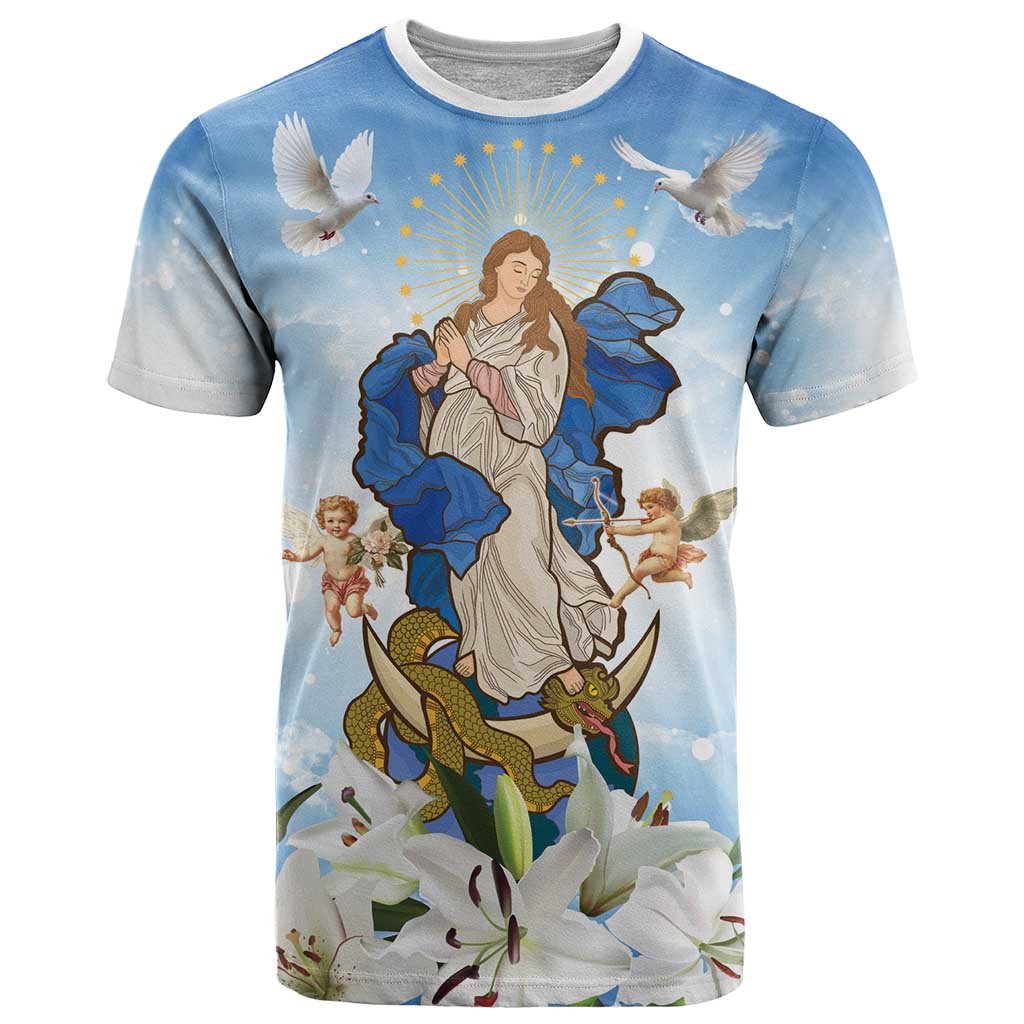 Italy Immaculate Conception Feast Day T Shirt Virgin Mary with Cross And Lily Flower LT19