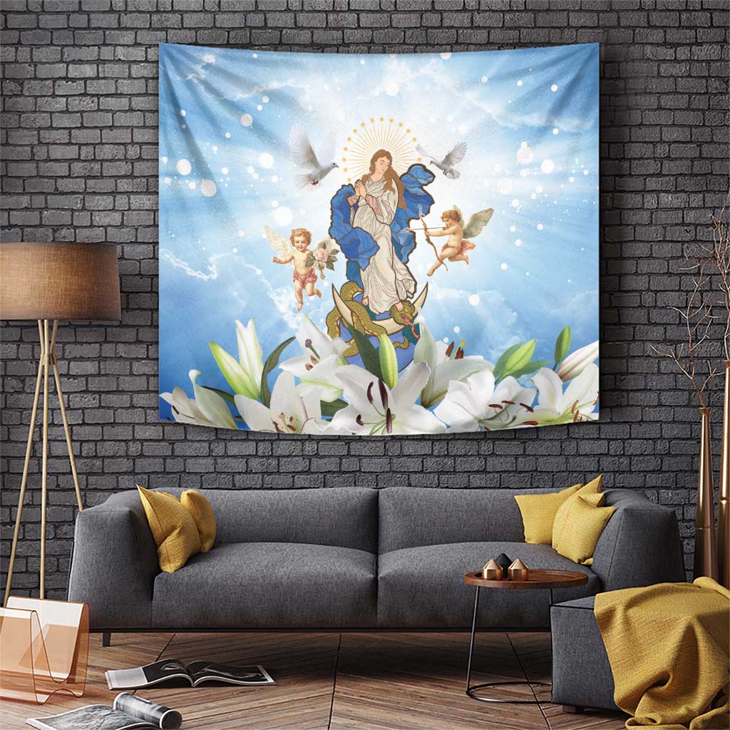Italy Immaculate Conception Feast Day Tapestry Virgin Mary with Cross And Lily Flower - Wonder Print Shop