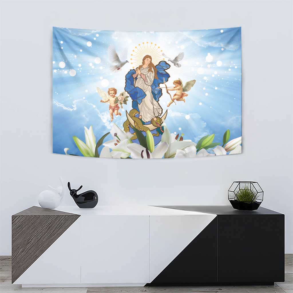 Italy Immaculate Conception Feast Day Tapestry Virgin Mary with Cross And Lily Flower - Wonder Print Shop