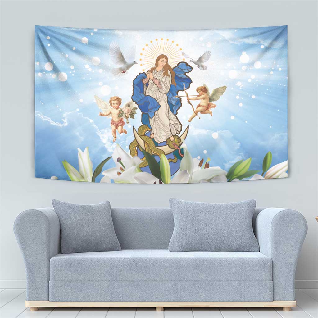 Italy Immaculate Conception Feast Day Tapestry Virgin Mary with Cross And Lily Flower - Wonder Print Shop