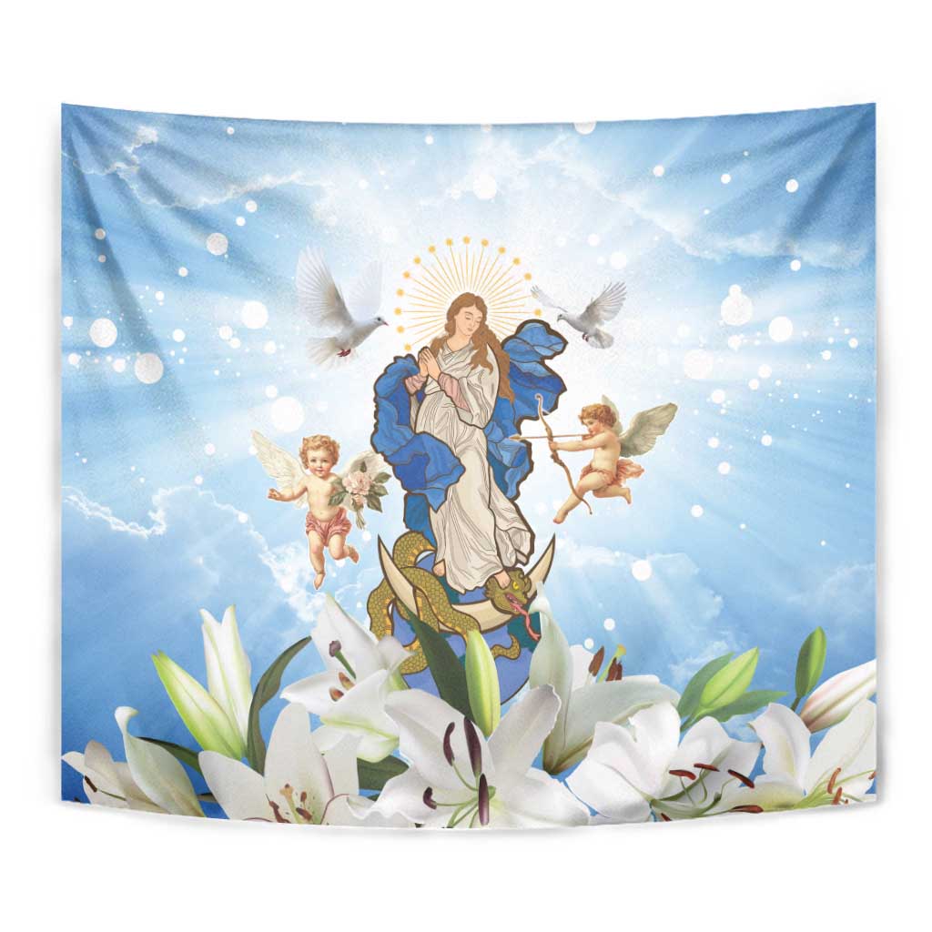 Italy Immaculate Conception Feast Day Tapestry Virgin Mary with Cross And Lily Flower - Wonder Print Shop