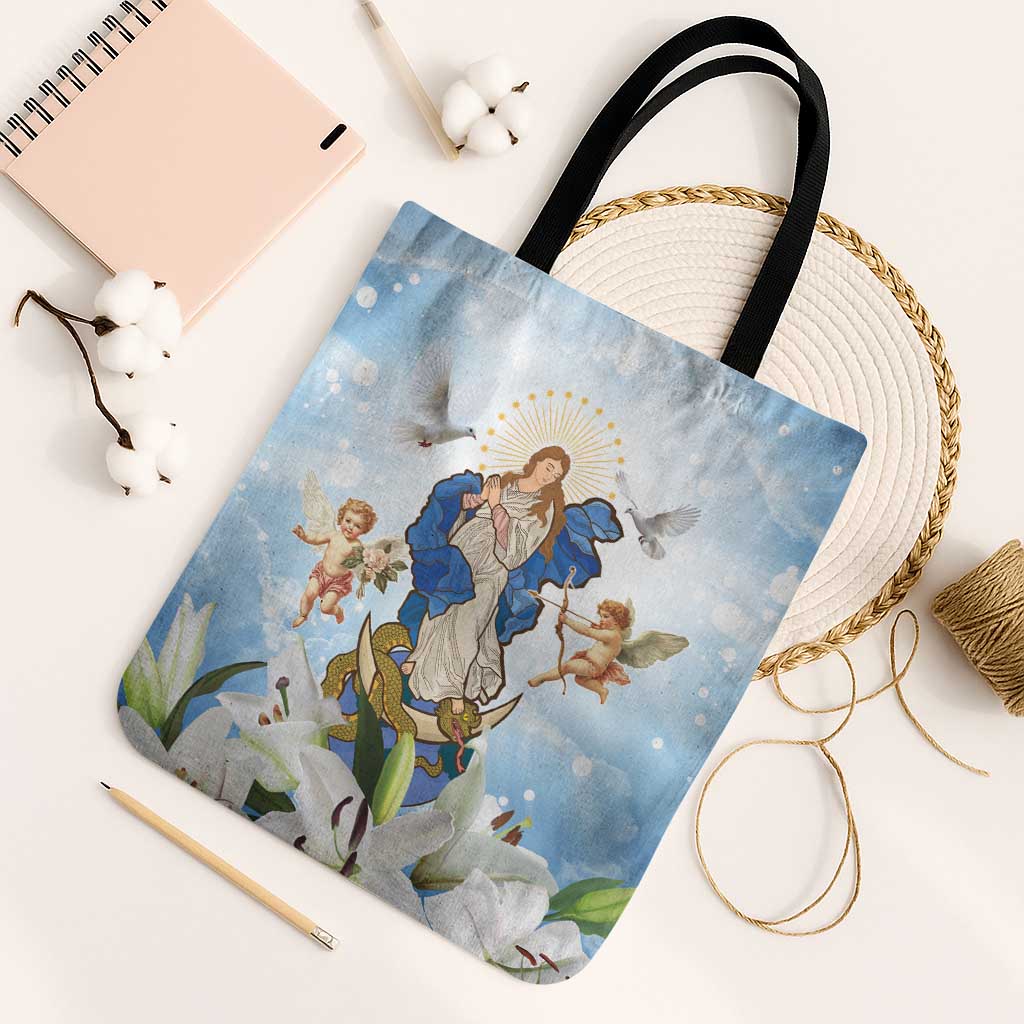 Italy Immaculate Conception Feast Day Tote Bag Virgin Mary with Cross And Lily Flower - Wonder Print Shop