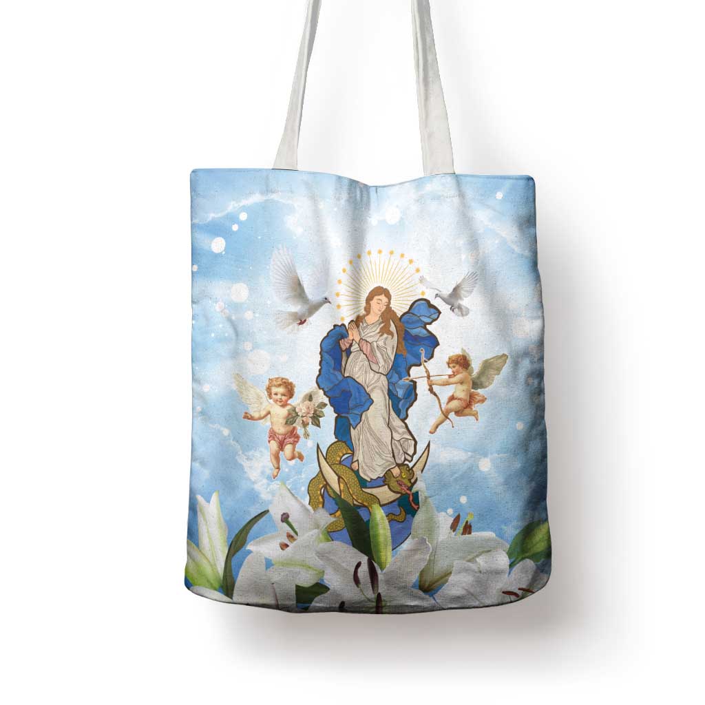 Italy Immaculate Conception Feast Day Tote Bag Virgin Mary with Cross And Lily Flower - Wonder Print Shop