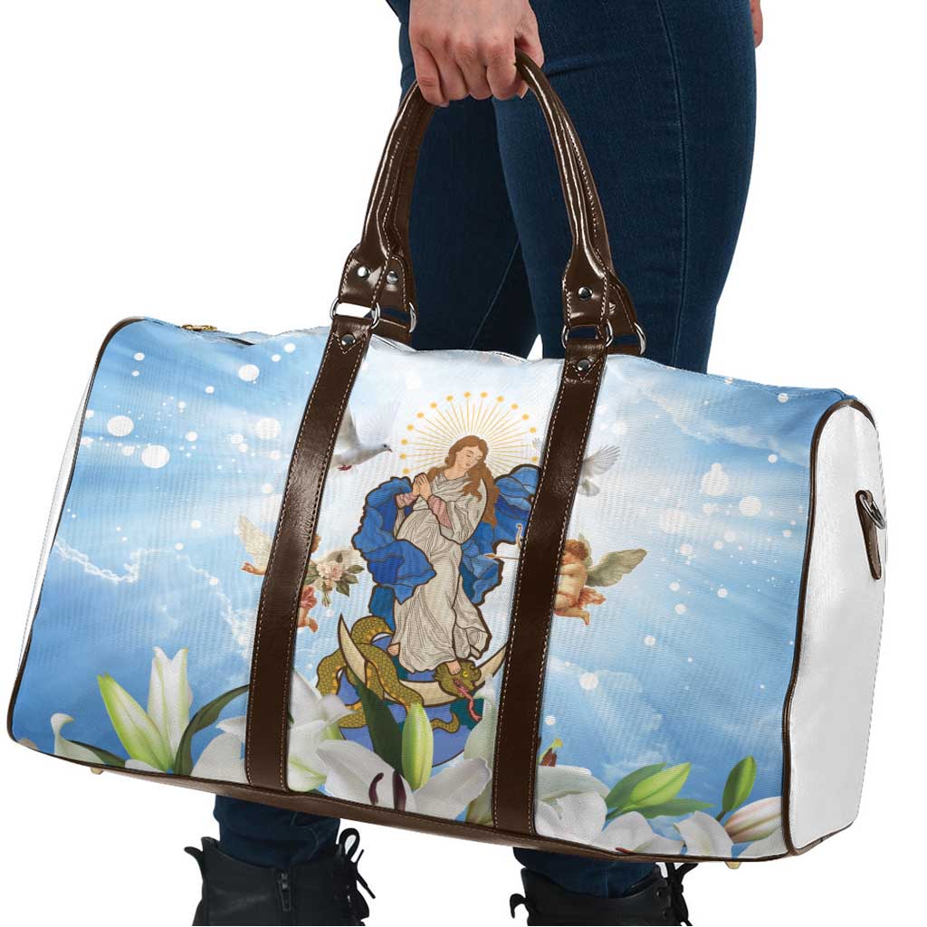Italy Immaculate Conception Feast Day Travel Bag Virgin Mary with Cross And Lily Flower - Wonder Print Shop