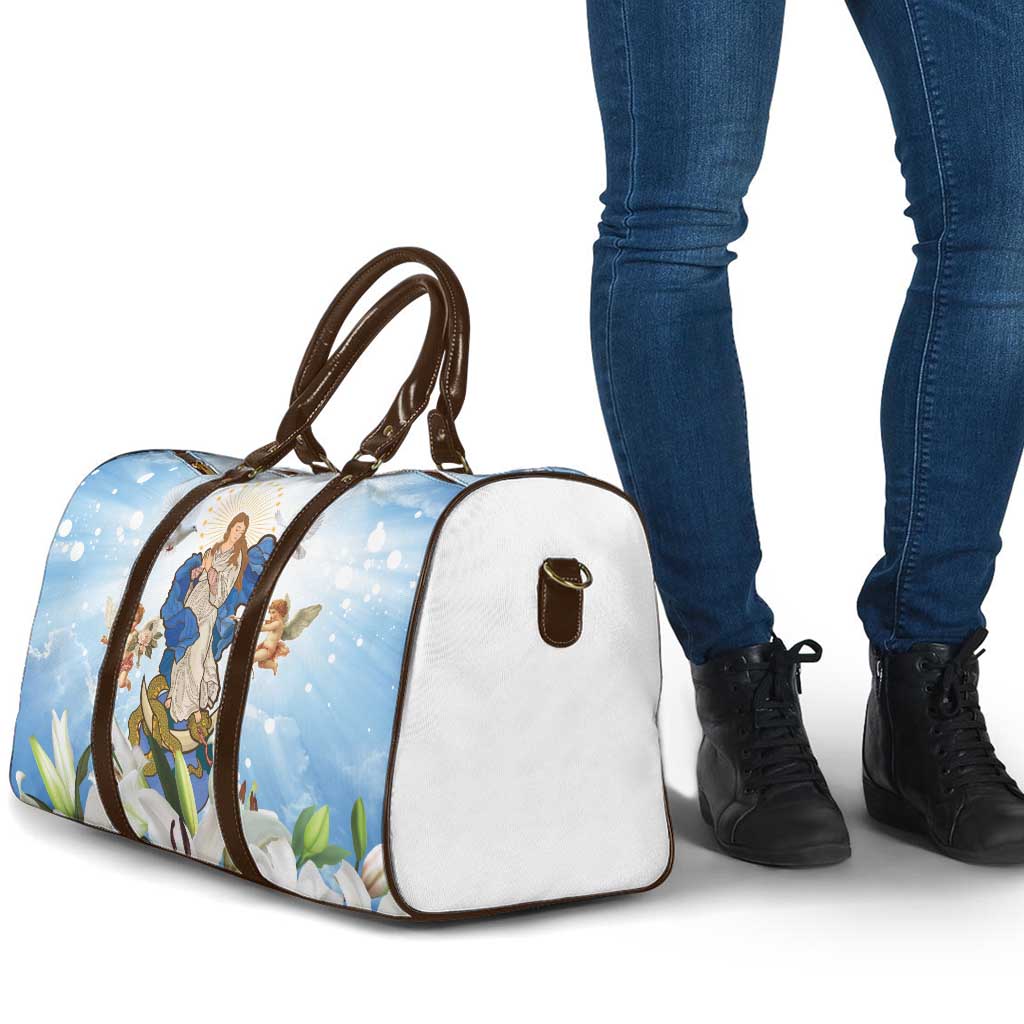 Italy Immaculate Conception Feast Day Travel Bag Virgin Mary with Cross And Lily Flower - Wonder Print Shop