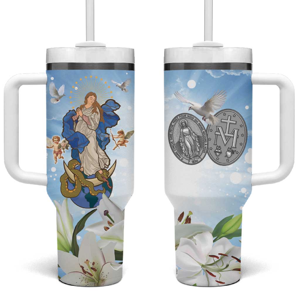 Italy Immaculate Conception Feast Day Tumbler With Handle Virgin Mary with Cross And Lily Flower - Wonder Print Shop