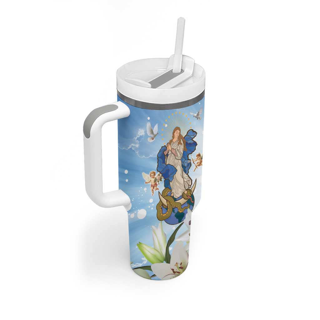 Italy Immaculate Conception Feast Day Tumbler With Handle Virgin Mary with Cross And Lily Flower - Wonder Print Shop