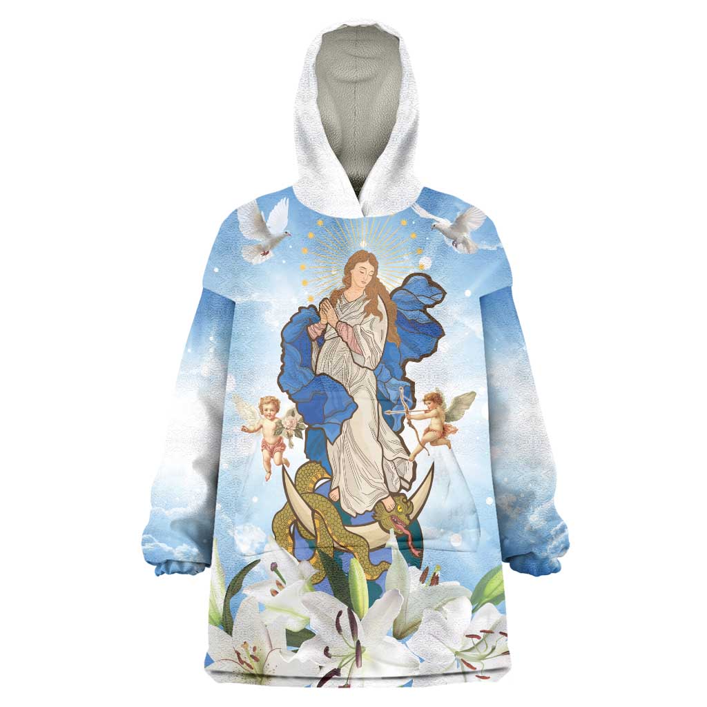 Italy Immaculate Conception Feast Day Wearable Blanket Hoodie Virgin Mary with Cross And Lily Flower LT19