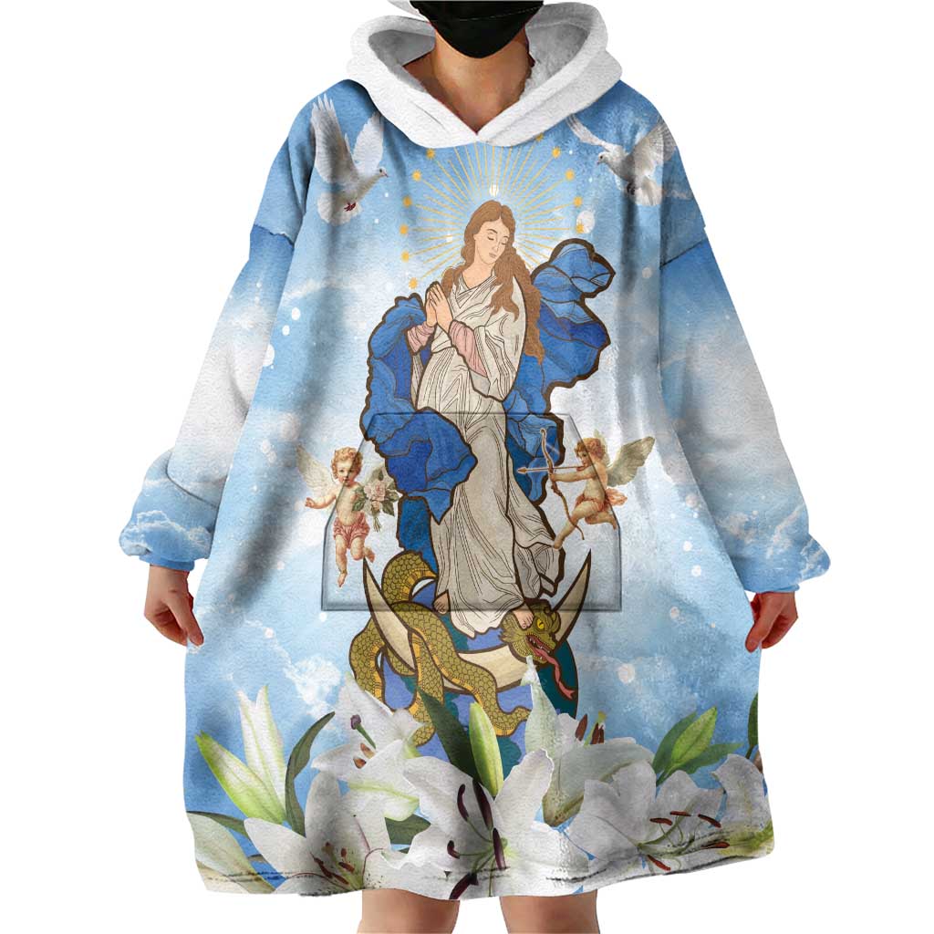 Italy Immaculate Conception Feast Day Wearable Blanket Hoodie Virgin Mary with Cross And Lily Flower LT19
