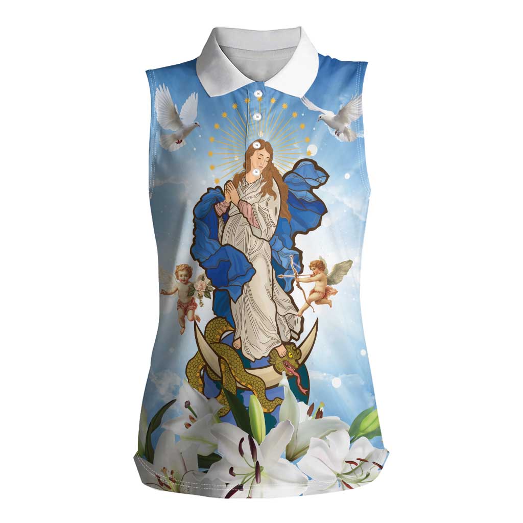 Italy Immaculate Conception Feast Day Women Sleeveless Polo Shirt Virgin Mary with Cross And Lily Flower LT19