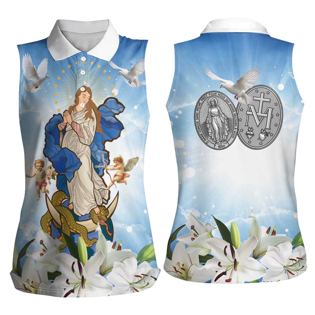 Italy Immaculate Conception Feast Day Women Sleeveless Polo Shirt Virgin Mary with Cross And Lily Flower LT19