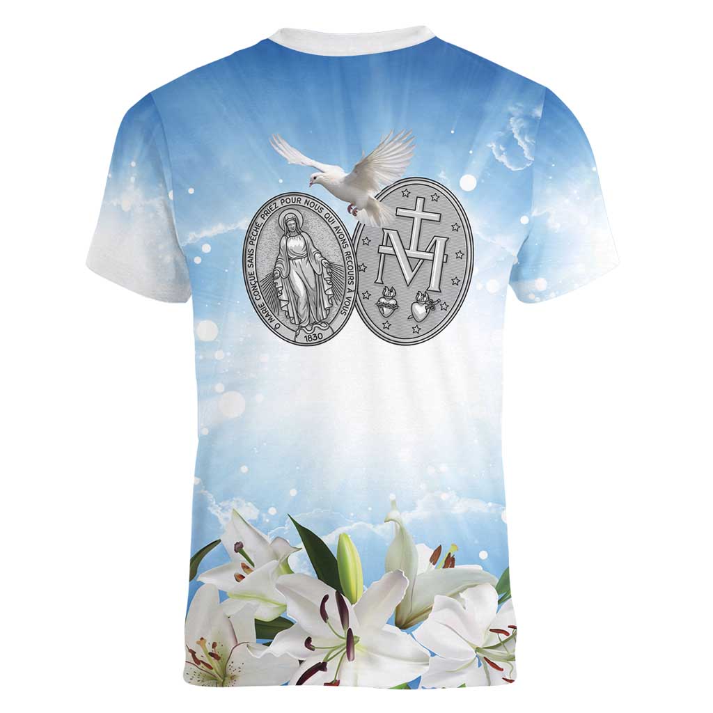 Italy Immaculate Conception Feast Day Women V-Neck T-Shirt Virgin Mary with Cross And Lily Flower LT19