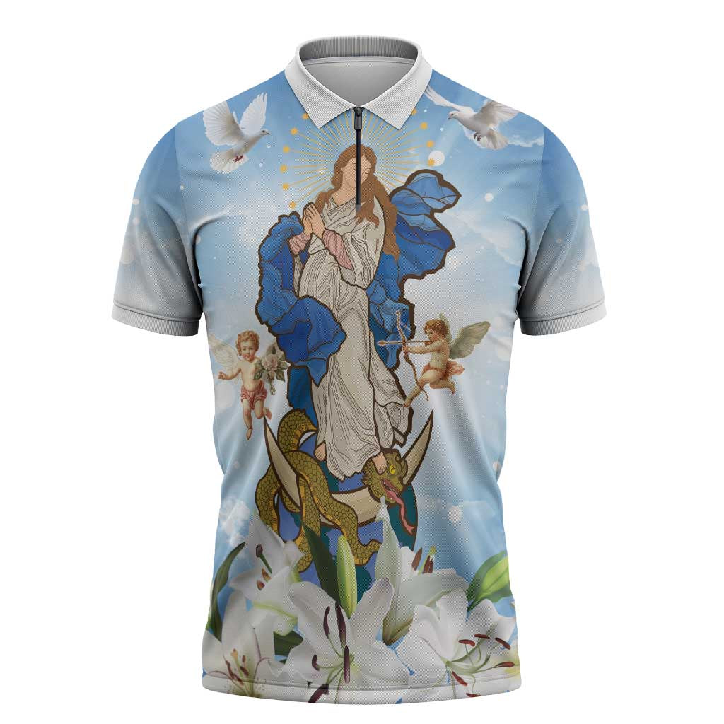 Italy Immaculate Conception Feast Day Zipper Polo Shirt Virgin Mary with Cross And Lily Flower - Wonder Print Shop