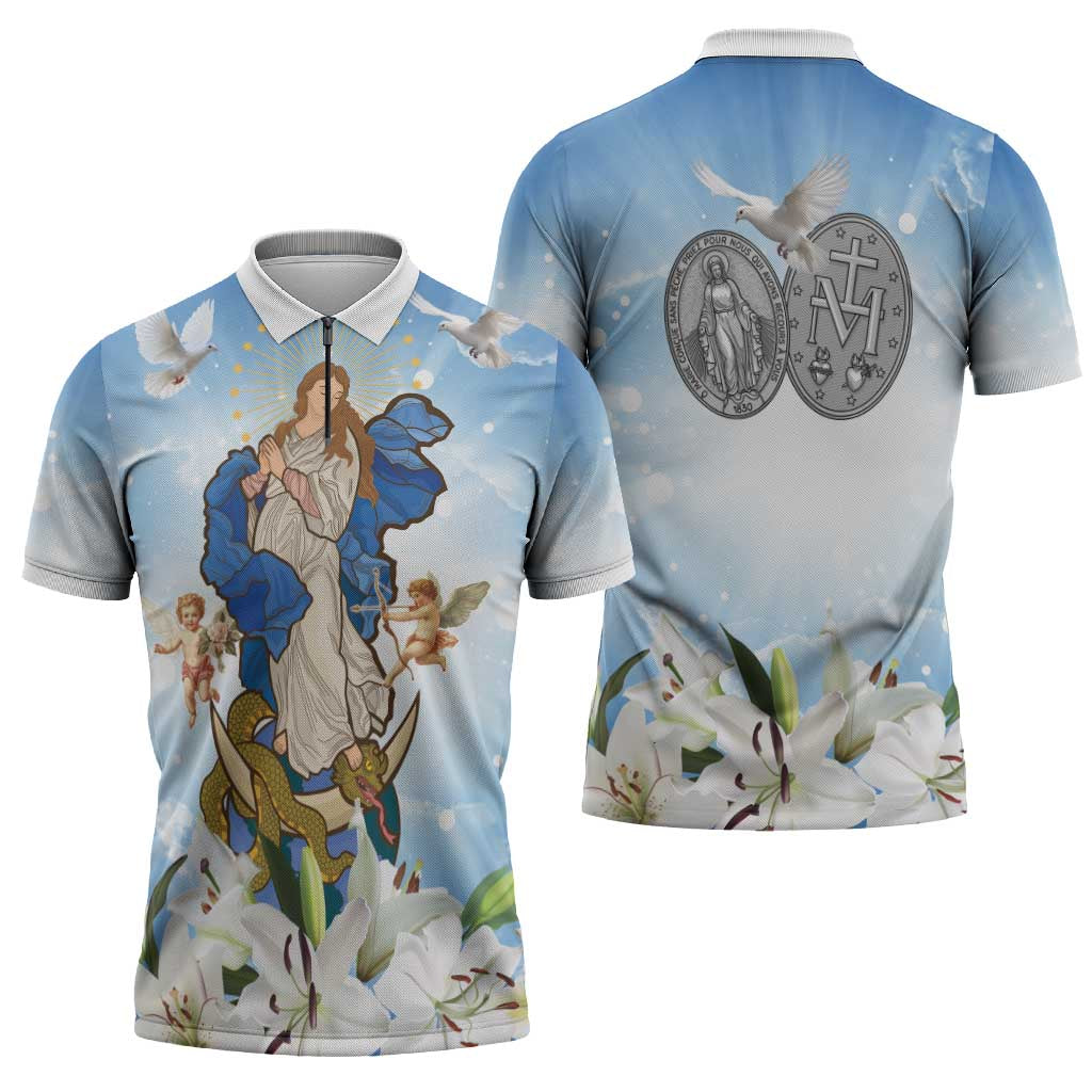 Italy Immaculate Conception Feast Day Zipper Polo Shirt Virgin Mary with Cross And Lily Flower - Wonder Print Shop