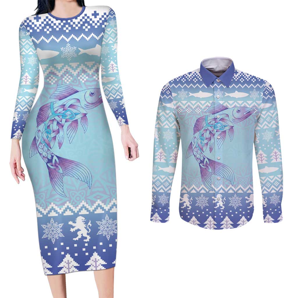 Cardiganshire Wales Christmas Couples Matching Long Sleeve Bodycon Dress and Long Sleeve Button Shirt Ceredigion Herring Celtic Knot - Wonder Print Shop