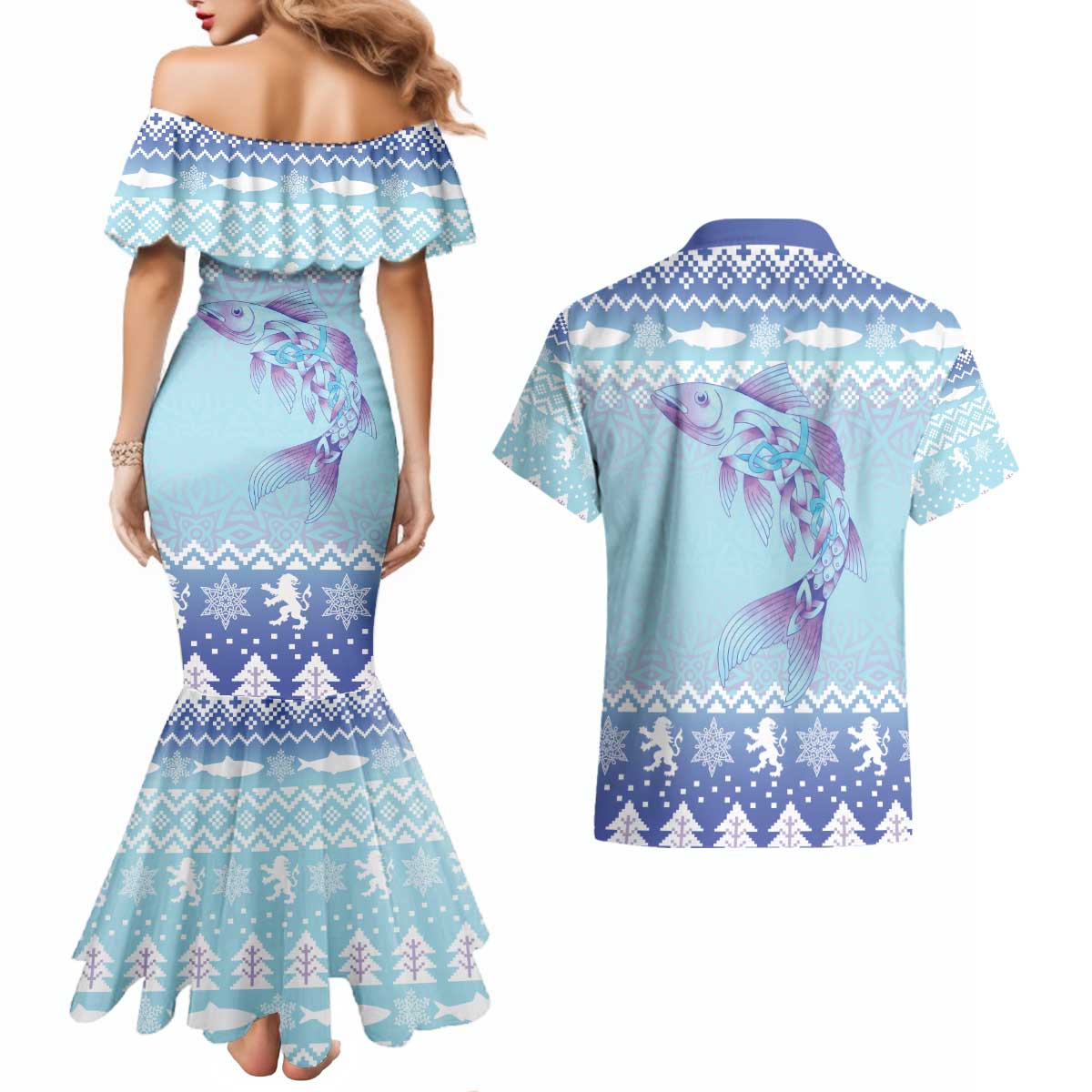 Cardiganshire Wales Christmas Couples Matching Mermaid Dress and Hawaiian Shirt Ceredigion Herring Celtic Knot - Wonder Print Shop