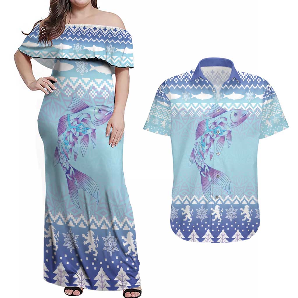 Cardiganshire Wales Christmas Couples Matching Off Shoulder Maxi Dress and Hawaiian Shirt Ceredigion Herring Celtic Knot - Wonder Print Shop