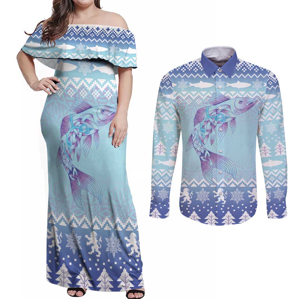 Cardiganshire Wales Christmas Couples Matching Off Shoulder Maxi Dress and Long Sleeve Button Shirt Ceredigion Herring Celtic Knot - Wonder Print Shop