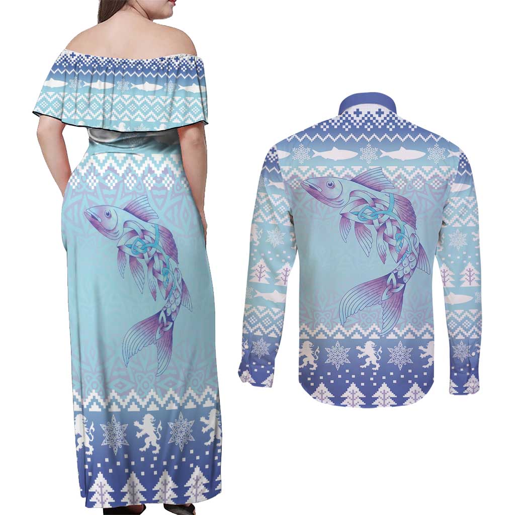Cardiganshire Wales Christmas Couples Matching Off Shoulder Maxi Dress and Long Sleeve Button Shirt Ceredigion Herring Celtic Knot - Wonder Print Shop
