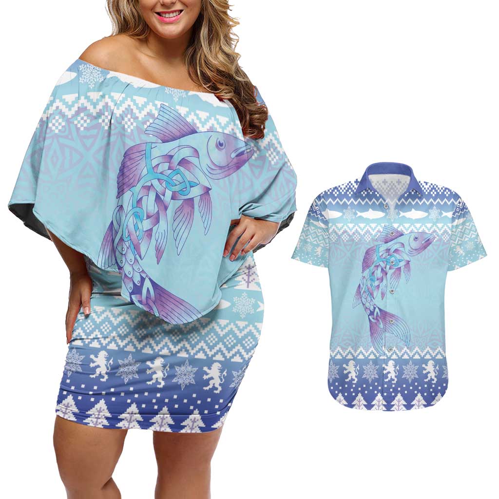 Cardiganshire Wales Christmas Couples Matching Off Shoulder Short Dress and Hawaiian Shirt Ceredigion Herring Celtic Knot - Wonder Print Shop