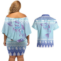 Cardiganshire Wales Christmas Couples Matching Off Shoulder Short Dress and Hawaiian Shirt Ceredigion Herring Celtic Knot - Wonder Print Shop