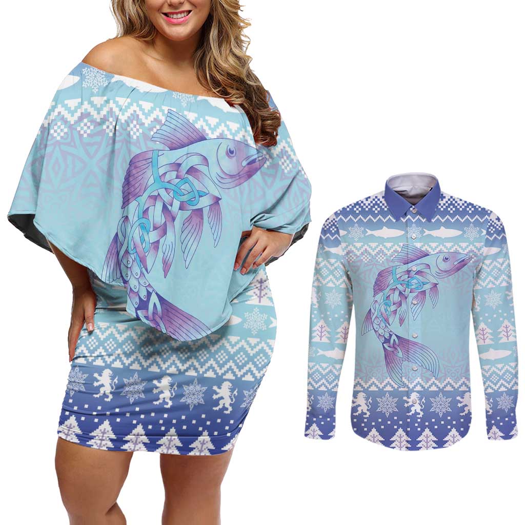 Cardiganshire Wales Christmas Couples Matching Off Shoulder Short Dress and Long Sleeve Button Shirt Ceredigion Herring Celtic Knot - Wonder Print Shop