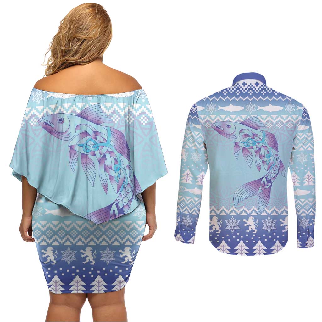 Cardiganshire Wales Christmas Couples Matching Off Shoulder Short Dress and Long Sleeve Button Shirt Ceredigion Herring Celtic Knot - Wonder Print Shop