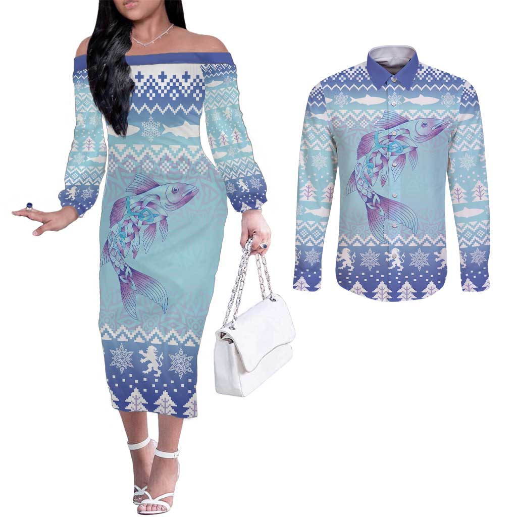 Cardiganshire Wales Christmas Couples Matching Off The Shoulder Long Sleeve Dress and Long Sleeve Button Shirt Ceredigion Herring Celtic Knot - Wonder Print Shop