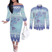 Cardiganshire Wales Christmas Couples Matching Off The Shoulder Long Sleeve Dress and Long Sleeve Button Shirt Ceredigion Herring Celtic Knot - Wonder Print Shop