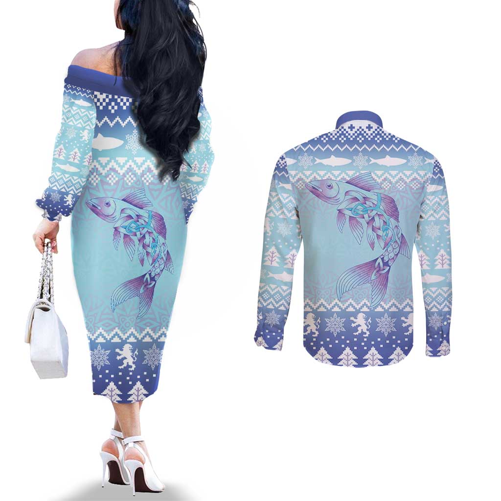 Cardiganshire Wales Christmas Couples Matching Off The Shoulder Long Sleeve Dress and Long Sleeve Button Shirt Ceredigion Herring Celtic Knot - Wonder Print Shop
