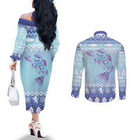 Cardiganshire Wales Christmas Couples Matching Off The Shoulder Long Sleeve Dress and Long Sleeve Button Shirt Ceredigion Herring Celtic Knot - Wonder Print Shop