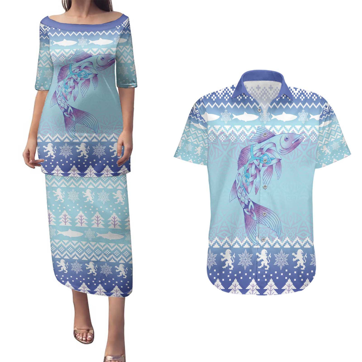 Cardiganshire Wales Christmas Couples Matching Puletasi and Hawaiian Shirt Ceredigion Herring Celtic Knot - Wonder Print Shop