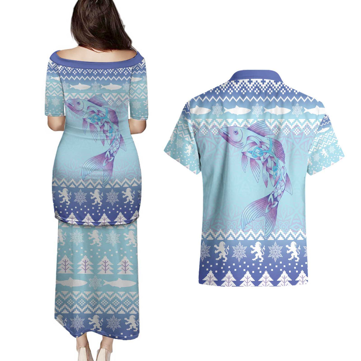 Cardiganshire Wales Christmas Couples Matching Puletasi and Hawaiian Shirt Ceredigion Herring Celtic Knot - Wonder Print Shop